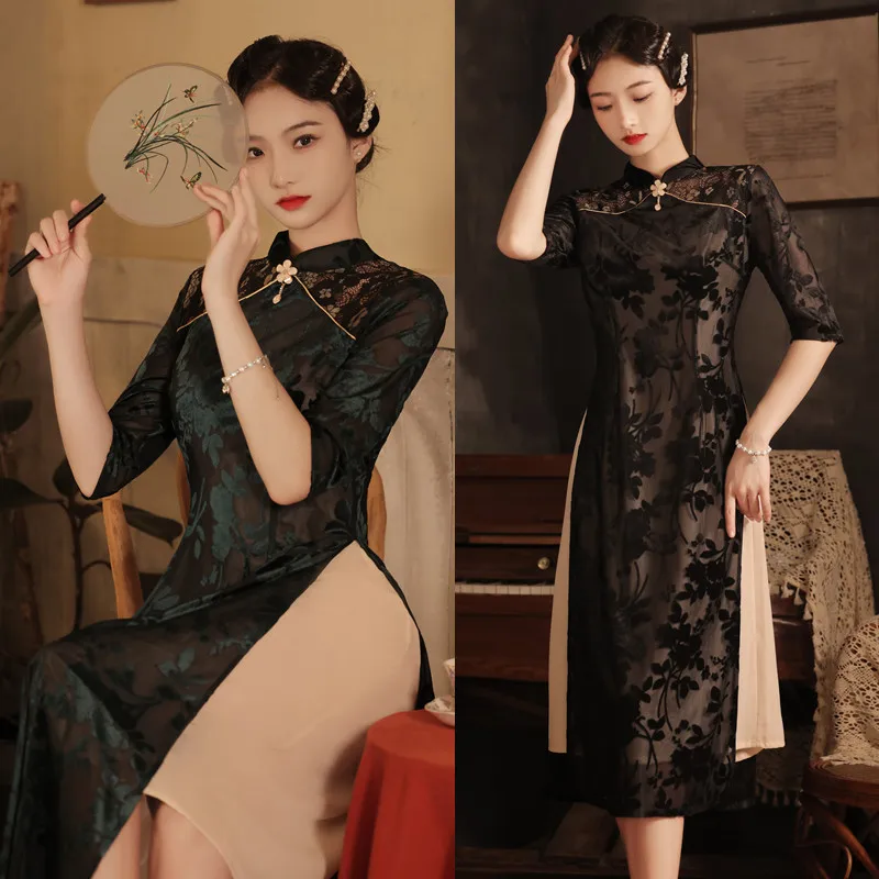 

Vestidos Improved Autumn Winter Cheongsam Sexy Slim Mandarin Collar Chinese Dress Traditional Oriental Qipao Velour Banquet Gown