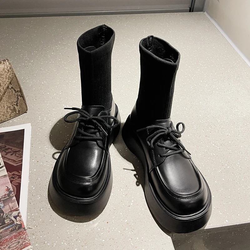 

2021 Autumn Oxfords Ankle Sock Boots Women Casual Platform Shoes New Fashion Designer Black Lace Up Short Leather Combat Boots