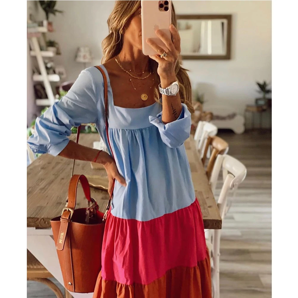 

Patchwork Elegant Square Collar Long Dress y2k Women Autumn Spring Patchwork Long Sleeve Party Dress Print Slim Ladies Dresses