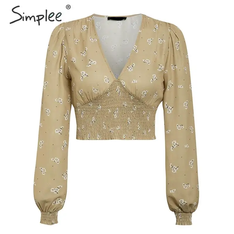 Женская винтажная блузка Simplee с длинным рукавом глубоким вырезом и цветочным