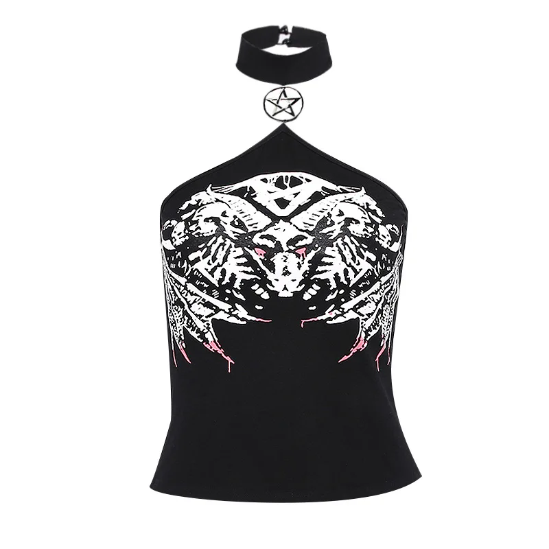 

Женский укороченный топ с открытой спиной, готический модный пикантный топ с принтом и металлическим сращиванием, топ на бретельках с откры...