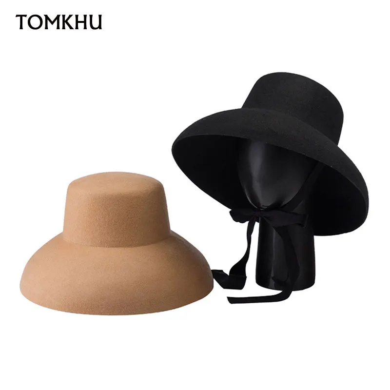 

2021 New Autumn Winter Wide Brim Hepburn Black Long Ribbon Grace Lady Bucket Hat For Women Designer Style Hat Chapeu Fedora Cape