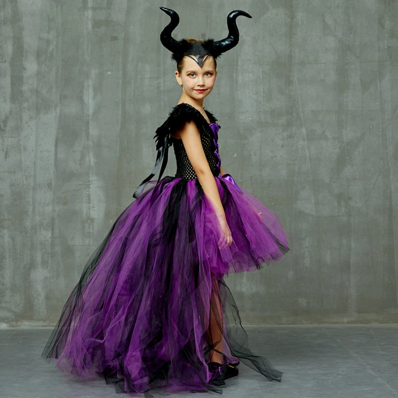 Платье-пачка для девочек на Хеллоуин «Maleficent Evil Dark queen» с рогами «Wicked Witch»; Детские вечерние костюмы для костюмированной вечеринки; нарядная одежда