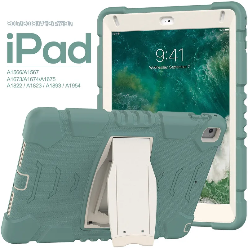 

Silicon Plastic Cover For IPad 9.7 5th 6th 5 6 Gen 2018 2017 Pro 9.7 Air 1 2 Case Kids Heavy Duty Shockproof Kickstand Funda+Pen