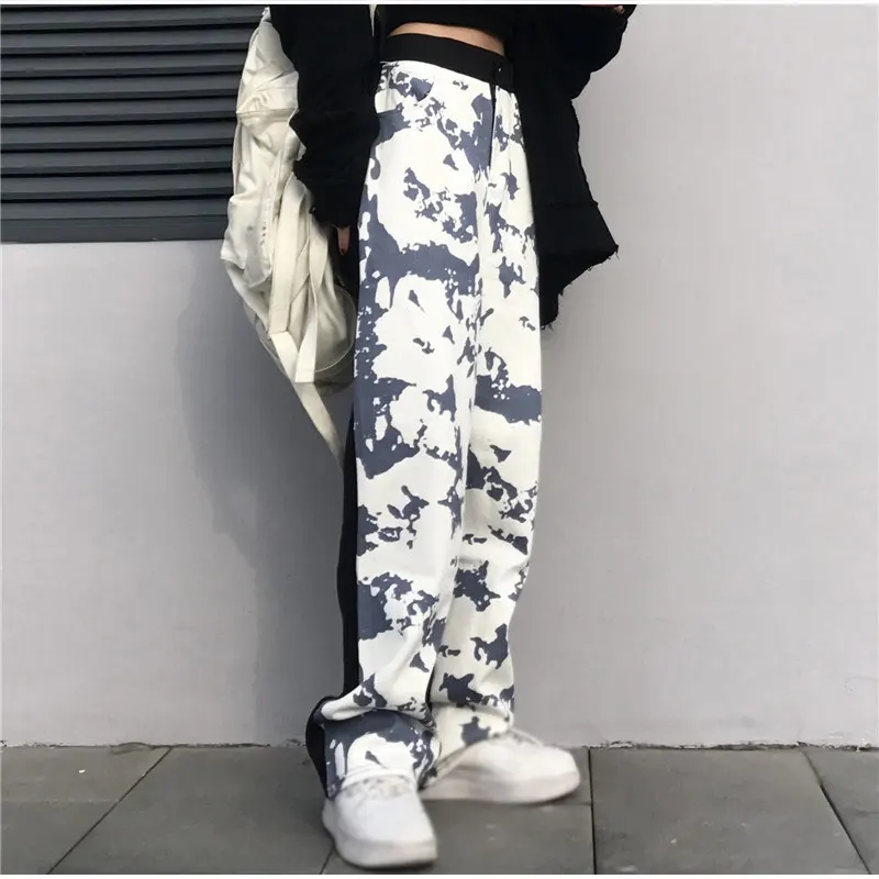 

Harajuku Cow Print Mid Waist Baggy Straight Jeans Women Dark Academia Black Blue Patchwork Cargo Pants Female Wide Leg Trousers