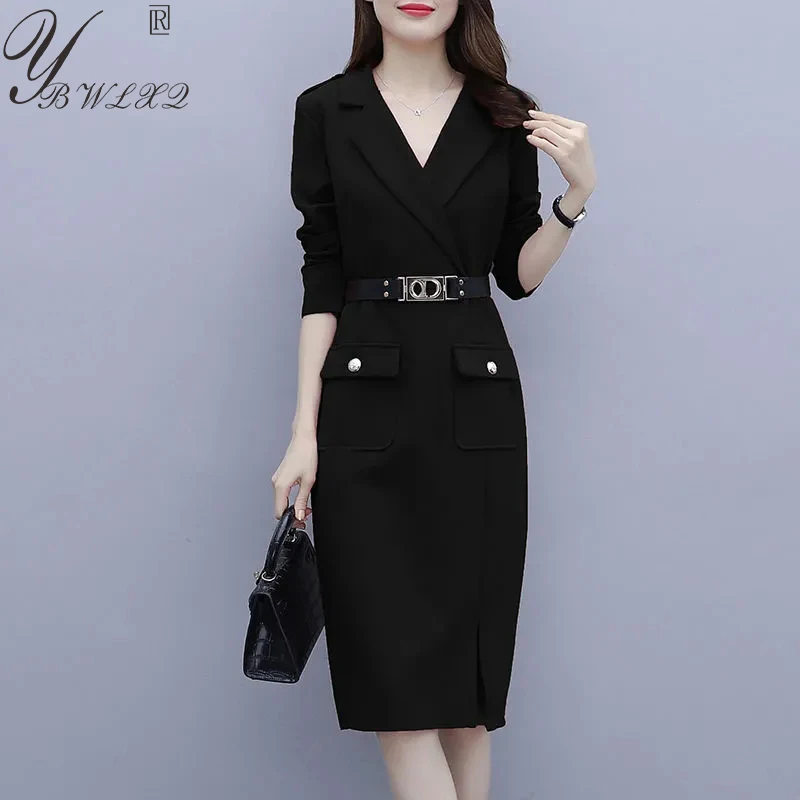 

Office Lady Elegant Midi Dress Spring Autumn Long Sleeve V-Neck Sashe Solid Color Dresses Plus Size Women Fashion Modest Dress