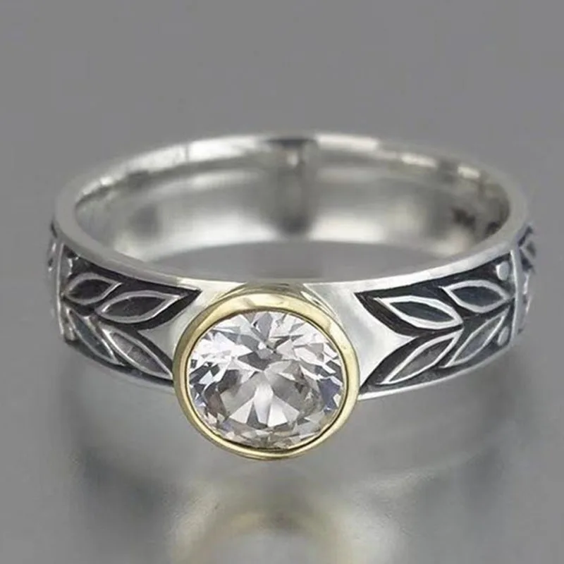 

Milangirl Vintage Ladies Anniversary Ring for Women Retro Leaves Pattern Engraved Dazzling Cubic Zircon Rhinestone Finger Rings