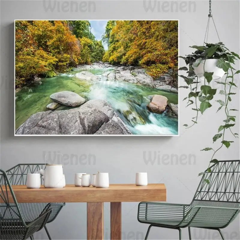 

Modern Wall Pictures Waterfall Mountain River Forest Poster Landscape Painting Canvas Painting For Living Room Dining Room Decor