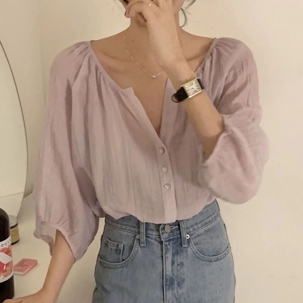 

2021 Summer New Loose Casual Japanese Style Lantern Sleeve V-neck Solid Color Blouse Cardigan Sun Protection Thin