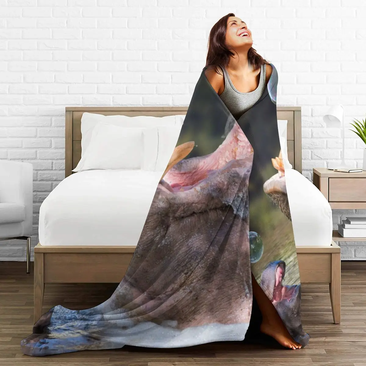 

Fashion animal Hippopotamus 3D printing printed blanket bedspread blanket retro bedding square picnic wool soft blanket