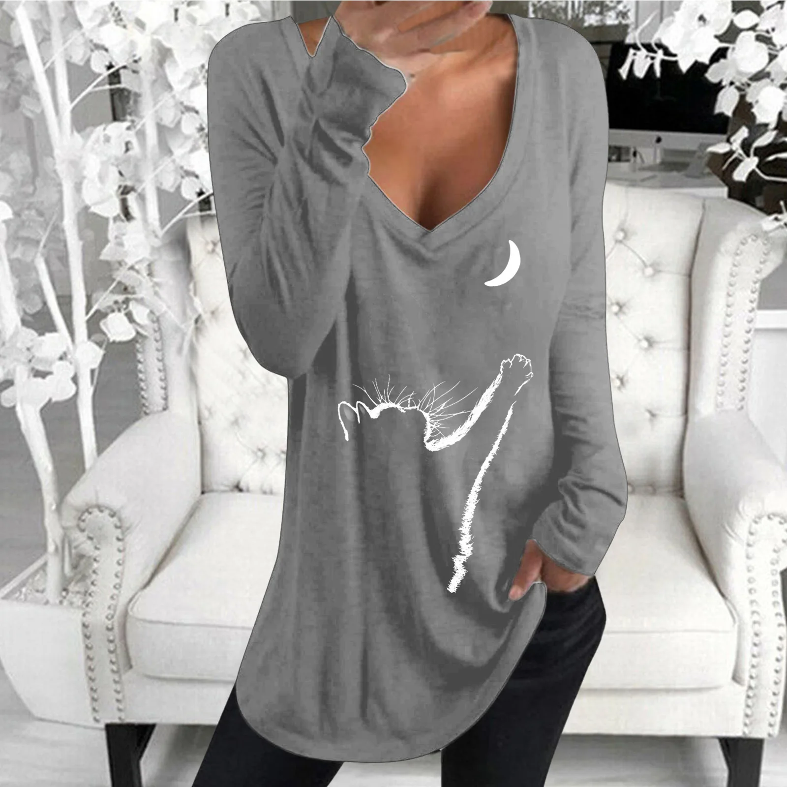 

2021 Long Sleeve V-neck Cat Printing Casual Top T-shirt for Women women clothes