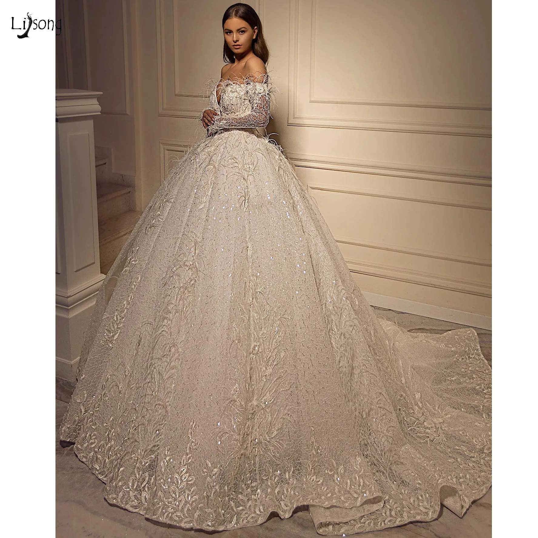 

Vestido De Novia Dubai Lace Wedding Dresses 2021 Very Puffy Bridal Ball Gowns Feather Floral Beaded Wedding Gowns Full Sleeves