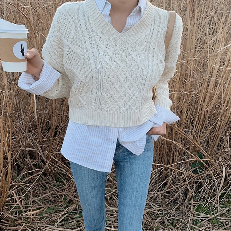 

YAMDI loose sweater women korean knitted thick pullover 2020 spring winter woman jumper oversized vintage cute elegant v neck