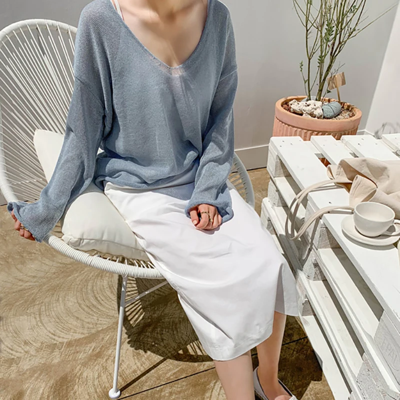 Женская Повседневная трикотажная блузка с v-образным вырезом однотонные