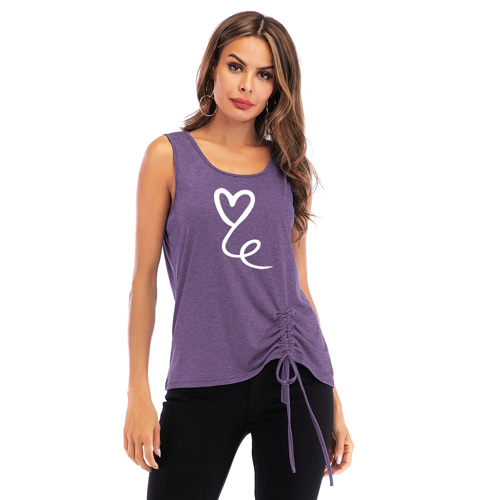 

New Summer Heart Graphic High Quality Tanks Harajuku Streetwear Shirring Women Tees Simple Print Crew Neck Sleeveless Clothes