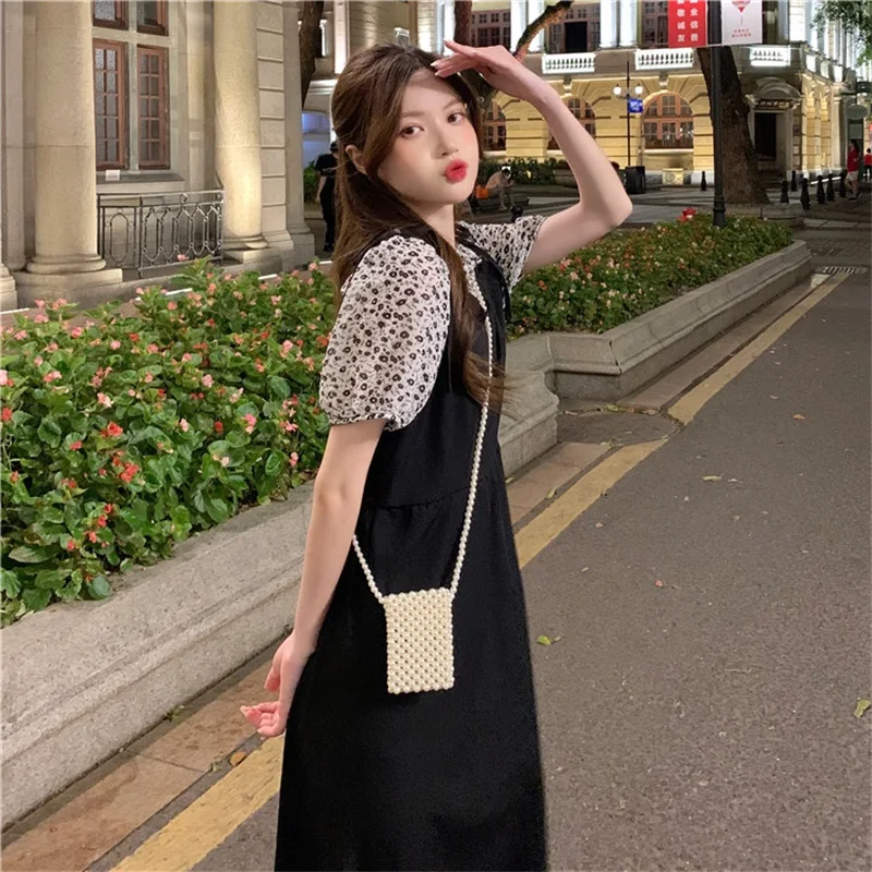 

Sweet Elegant Blue Yellow Black Fake Two Women Dress Summer A-Line Fungus Bandage Ruffles Loose Ankle-Length Lady Dress Vestidos