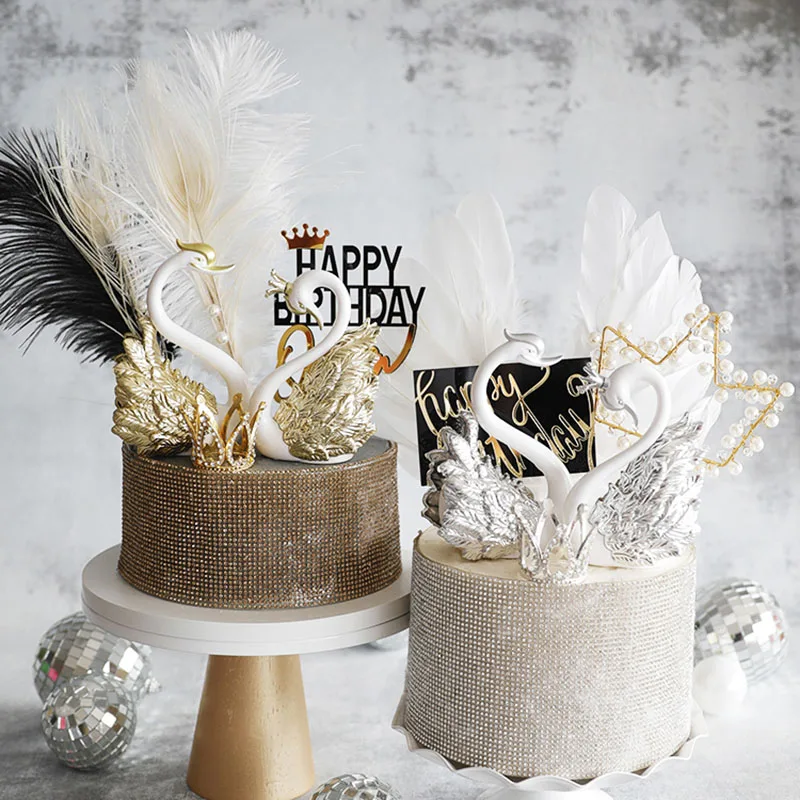 Романтическая Золотая Серебряная корона лебедь торт Топпер перо украшение торта