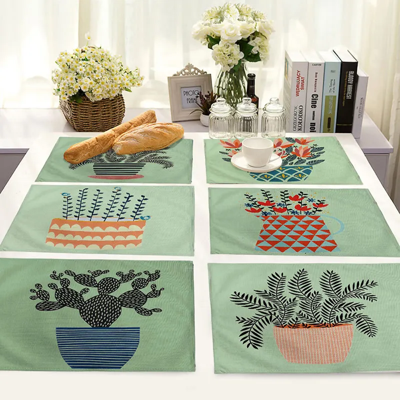 

Green Plant Sketch Kitchen Placemat Dining Table Pad Coaster Cotton Linen Pads Western Mat Home Decor Accessory 42*32cm 1pc