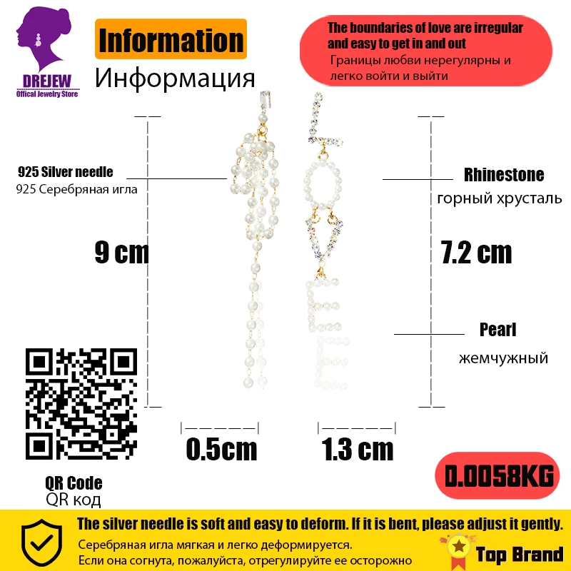 

DREJEW Asymmetrical Letter LOVE Pearl Rhinestone Statement Dangle Earrings Formal Party Fashion 925 Drop Earrings Women Wedding