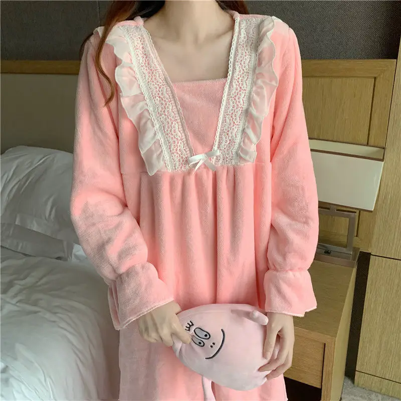 Женские ночные рубашки с кружевом коралловый флис длинные оборки милые