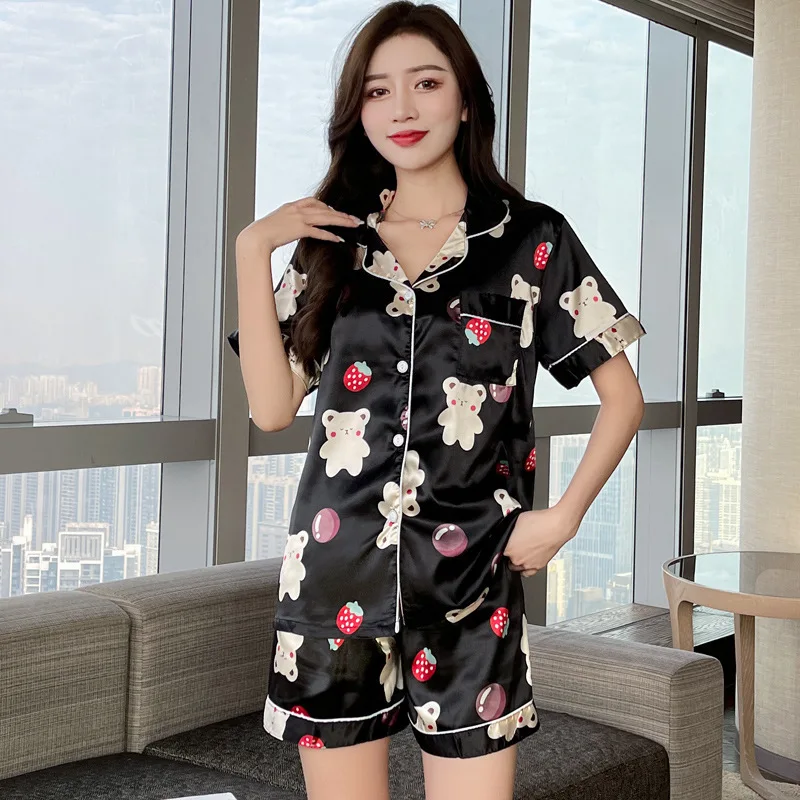 2021 Ice silk pajama women summer short sleeve Korean version of douyin web celebrity with imitation silk lovers home