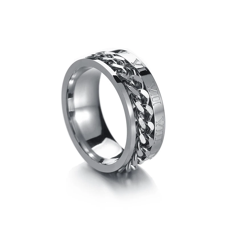 silver Atoztide, 8 мм, панк, титановая сталь, римская цифра, крученая цепочка, кольца для мужчин, полированный черный рок, байкерское кольцо, Круглый, обручальное, вечерние - Цвет основного камня: silver