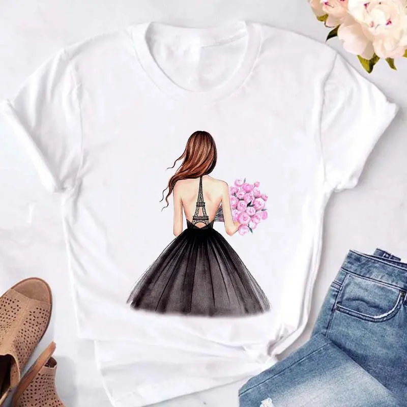 

Summer harajuku pretty lady images Printed T Shirts Women T-shirt O-Neck Short Sleeve Female Tee Slim White T-Shirt Tops