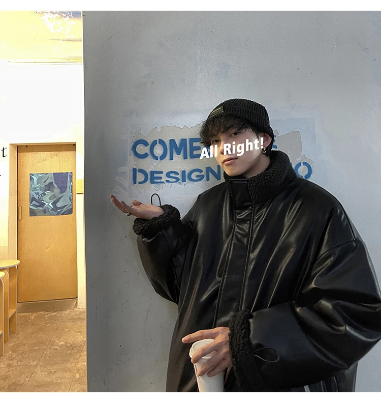 DIMI Winter Oversized Warm Thick Reversible Leather Jacket Men with Fleece Inside Zip Up Casual Loose Luxury Fashion