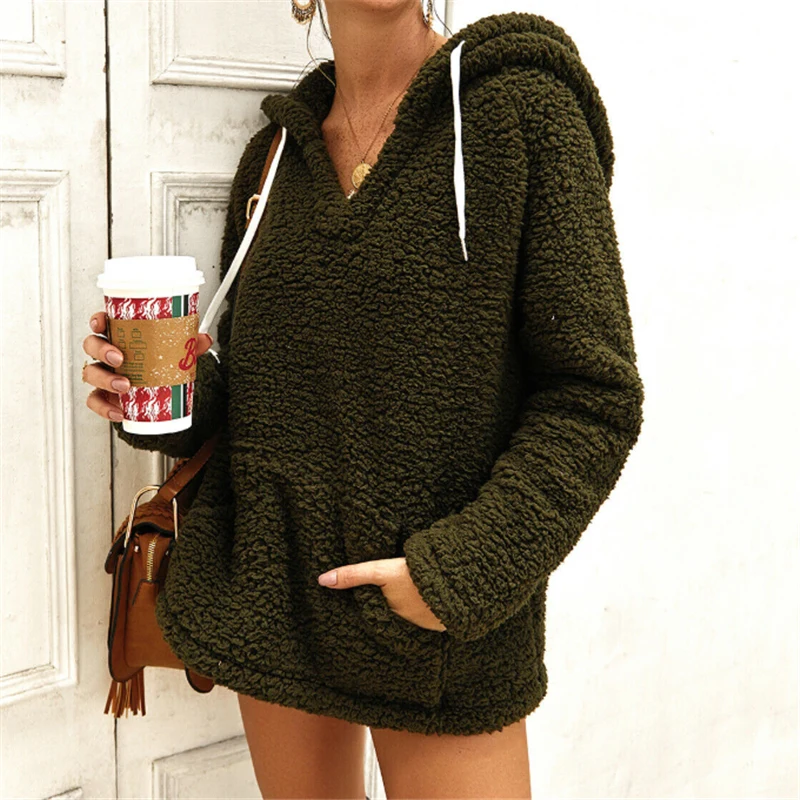 

2019 Fashion Women Hooded Sweaters Long Sleeve Soft Plush Autumn Winter Casual Sweater Thick Warm Faux Fur Pullover Tops