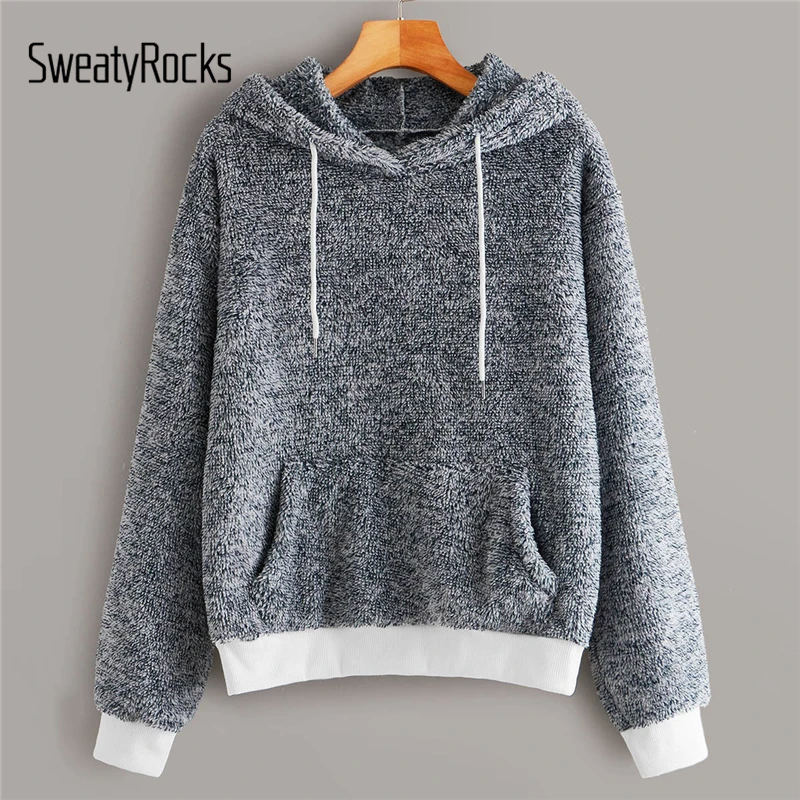 SweatyRocks зима кенгуру карман шнурок Тедди Толстовка фланелевый пуловер Топы повседневные женские толстовки с капюшоном