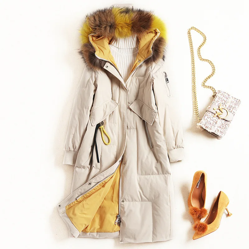 Женские зимние куртки с воротником из натурального меха Длинная женская куртка