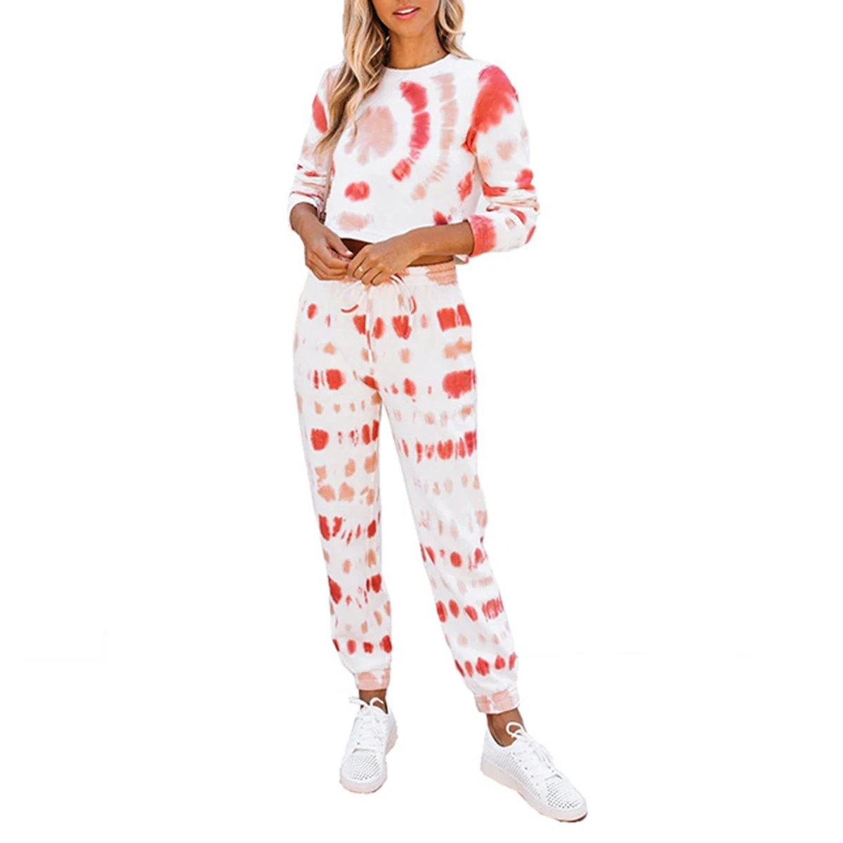 

Autumn Winter Women's Tie Dye Suit Crew Neck Navel Top Long Sleeve Printed Blouse and Lace Up Elastic Waist Pants 2020 New