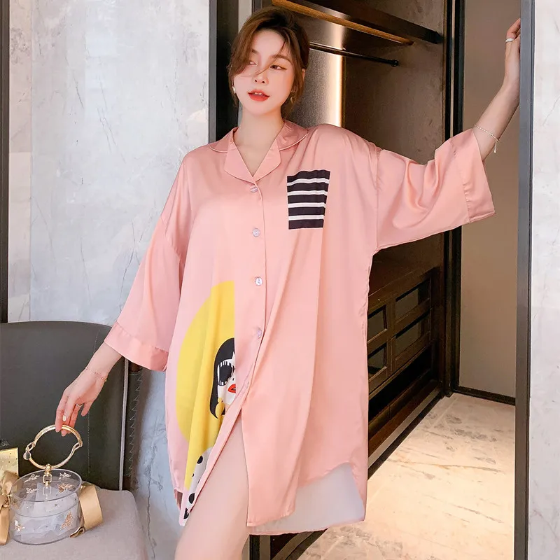 

Loose Women Night Dress 2021 New Sleepwear Silky Satin Home Dressing Gown Casual Print Kimono Bathrobe Sleep Shirt Soft Homewear