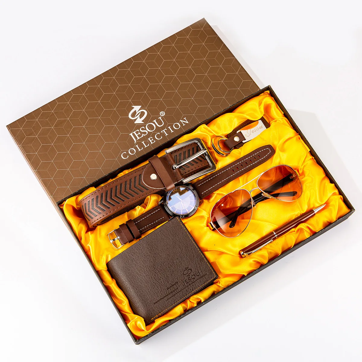

6pcs/set Boutique Gift Set Glasses+belt+wallet+key Chain+large Dial Quartz Watch+pen Men's Watch Set