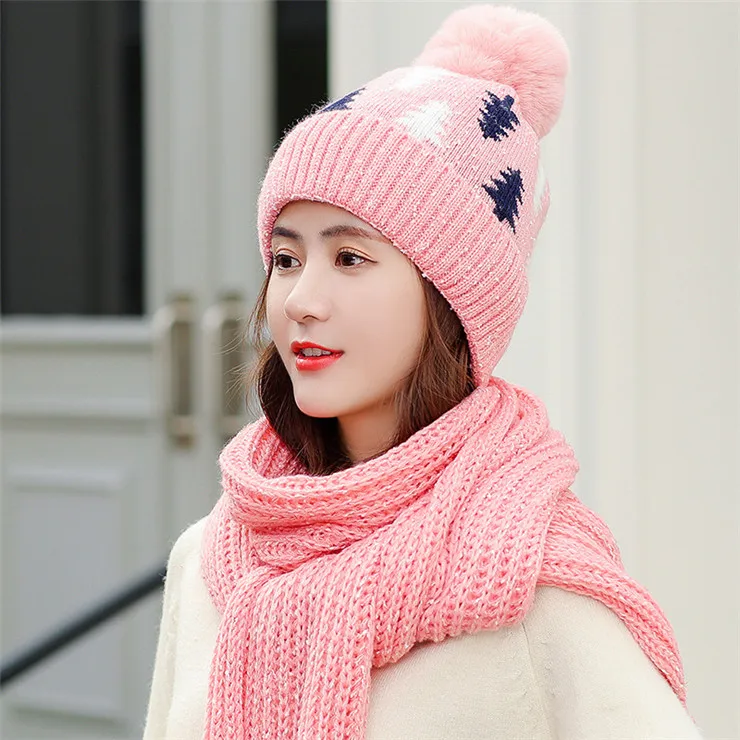 pink set Женский комплект из 2 предметов, новая зимняя шапка и шарф, комплект для девочек, бархатная Толстая теплая шапка, женская зимняя повседневная ветрозащитная вязаная шапка - Цвет: pink set