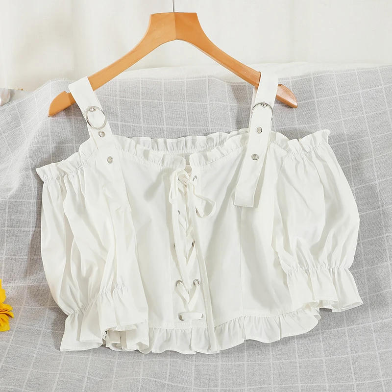 

Chic Short Puff Sleeve Strap Off-the-Shoulder Short All-Matching Shirt Summer Fashion Solid Color Stringy Selvedge Blouse