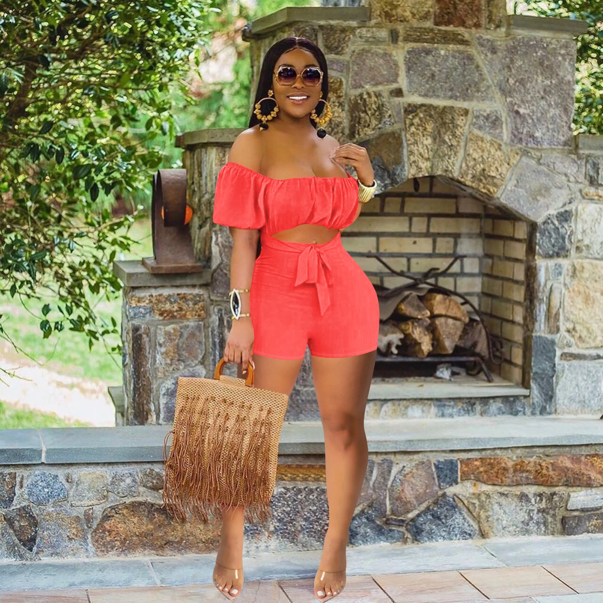 

Waist Band Cut Out Short Rompers Women Jumpsuit Off the Shoulder Short Sleeve Slim Fit Playsuit Lady Backless Beach Outfit
