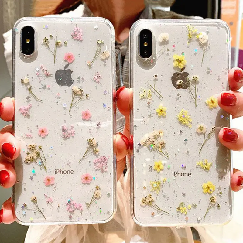 Чехол для телефона с настоящими цветами и сушеными цветами для iPhone X, XS, XR, XS, Max, 6, 6 S, 7, 8 Plus, прозрачная блестящая красивая мягкая задняя крышка из ТПУ