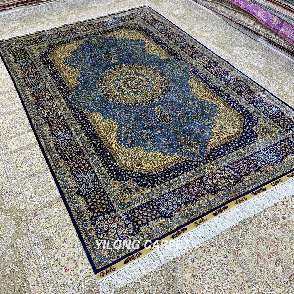 Yilong 6 'x 9' Кашмир qum Vantage ковер синий ручной работы Шелковый Традиционный Ковер