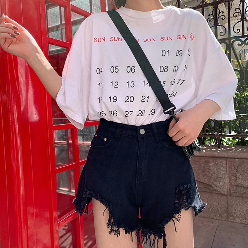 

Summer Ladies Casual Shorts Femme Korean Loose High Waist Slim Irregular Tassel Stylish Hole Denim Shorts Chic Street