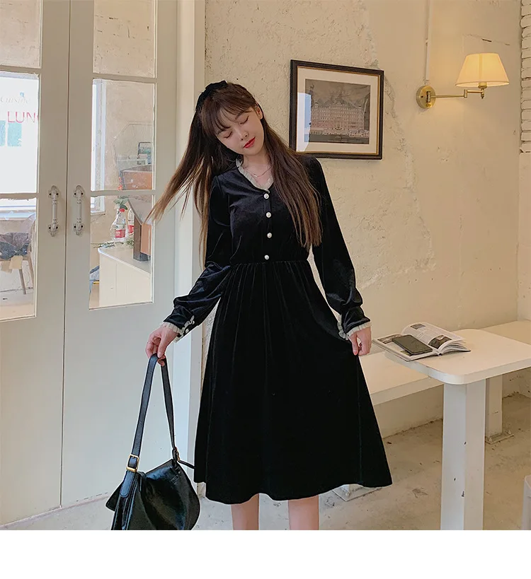 

Sutimine 2021 Autumn Women Dresses Japanese Style Long Sleeve Sweet DressVintage Slimming Waist Velvet Dress for New Year Party