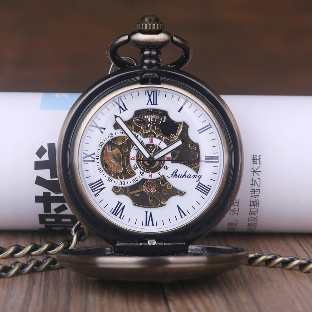 New Fashion Classic Single Open Train Skeleton Roman Number Men's Mechanical Pocket Watch Women Men Gifts |