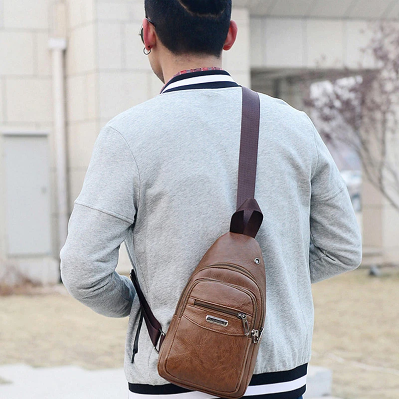 

Usb PU Chest Bags Unisex Boston Bag Fashion Men's Polyester Travel Sling Bag Chest Pack Crossbody Bag with USB Charging 2021