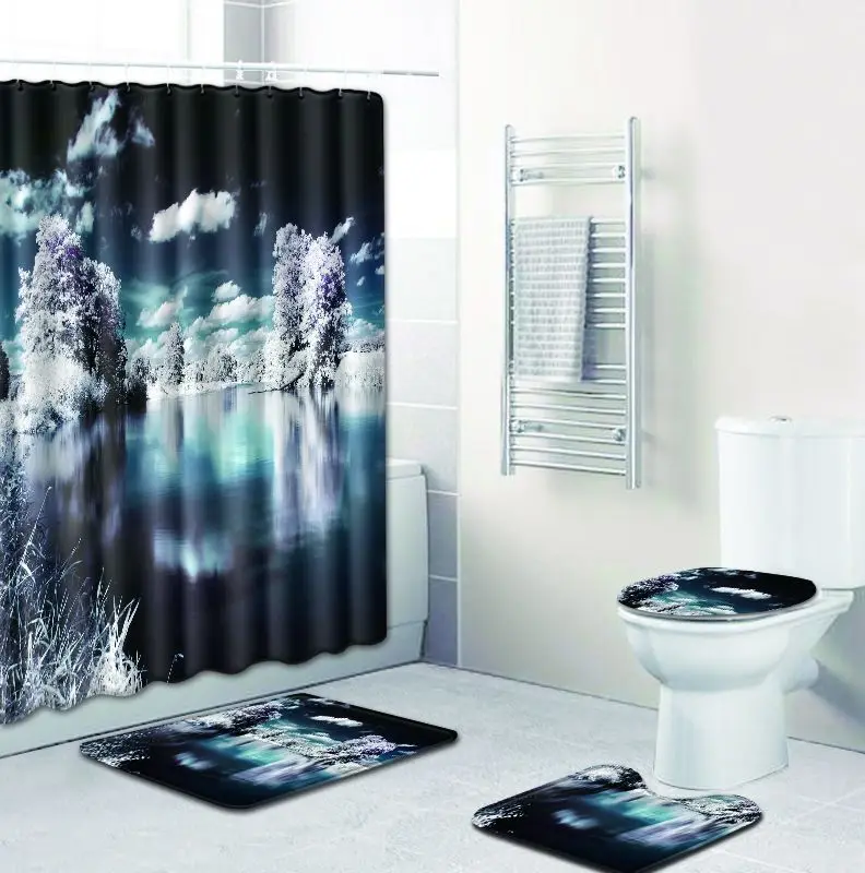 

Zeegle 4pcs Bath Mat Set Waterproof Shower Curtain Anti Slip Soft Bathroom Shower Mat Absorbent Toilet Pedestal Rug Toilet Set