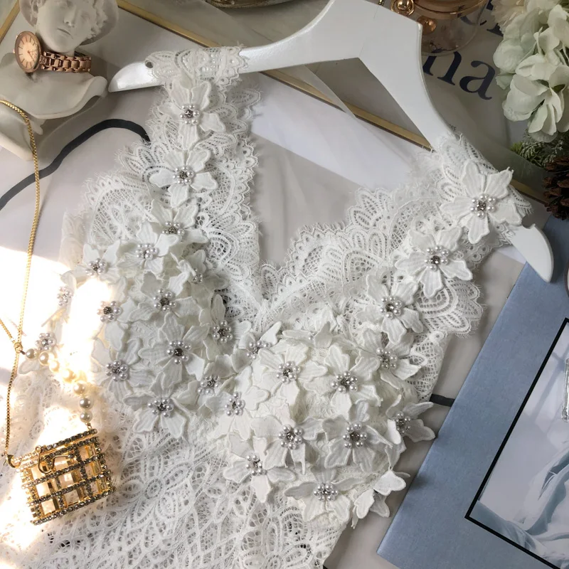 

2021 Spring Summer Ladies French Beaded Flower Strap Tube Top Padded Base Vest Lace Beautiful Back New Fashion Women Tank