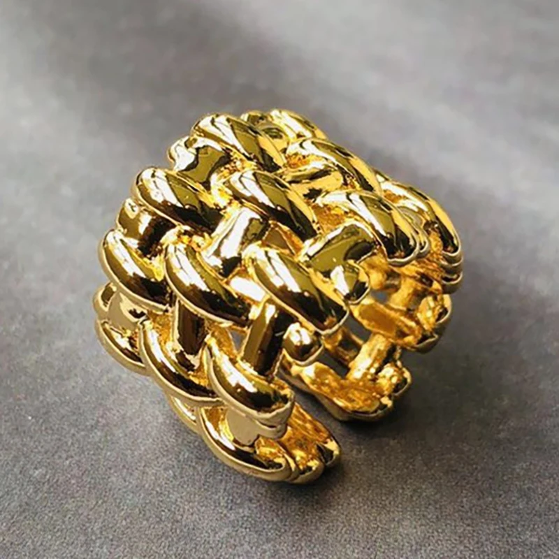 

Korean Fashion Creative Design Irregular Woven Chain Index Finger Ring Gold Silver Color Wide Resizable Metal Finger Rings