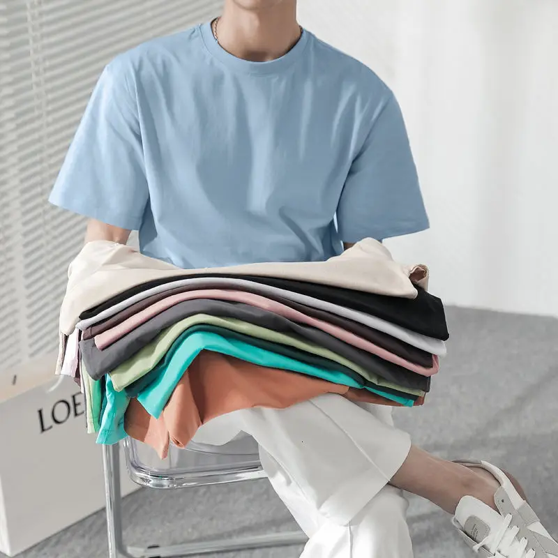 

Men's T-shirt Ins Style Round Neck Wide Drop Shoulder White Black Gray Pink Blue Korean Leisure New Listing Fashion 2021
