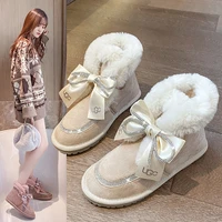 cute bow snow boots womens short tube 2021 autumn and winter new plus velvet thick cotton shoes casual boots children