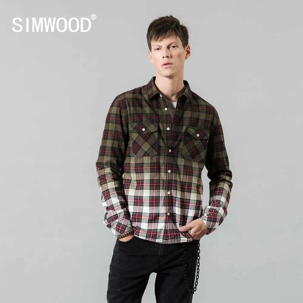 SIMWOOD 2021 Весенние новые рубашки для мужчин галстук окрашенная клетка контрастного