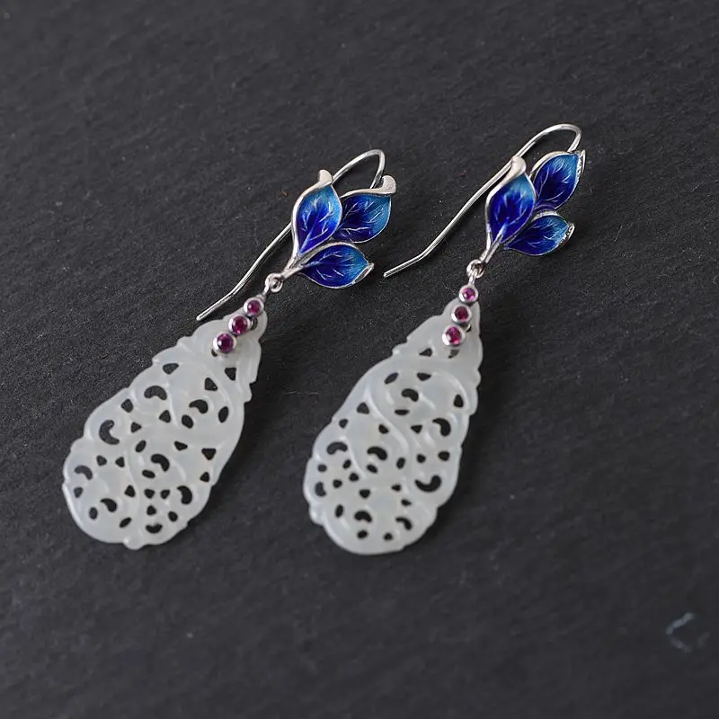 FNJ Hollow Jade Enameling Flower Earrings 925 Silver Original Pure S925 Sterling Silver Drop Earring for Women Jewelry